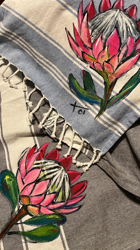 Painted protea on Gray Turkish towel